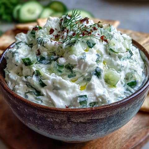 Tangy Greek Skyr Tzatziki dip, vibrant with dill and perfect with pita bread.