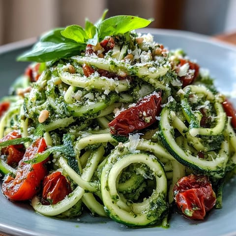 Fresh zucchini noodles tossed with vibrant raw basil pesto and juicy cherry tomatoes in a light, healthy dish.  