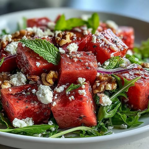 Vibrant Watermelon Feta Arugula Salad glistens with balsamic reduction, perfectly chilled.
