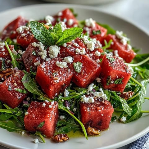 Crisp Watermelon Feta Arugula Salad with creamy feta is ready for summer picnics.