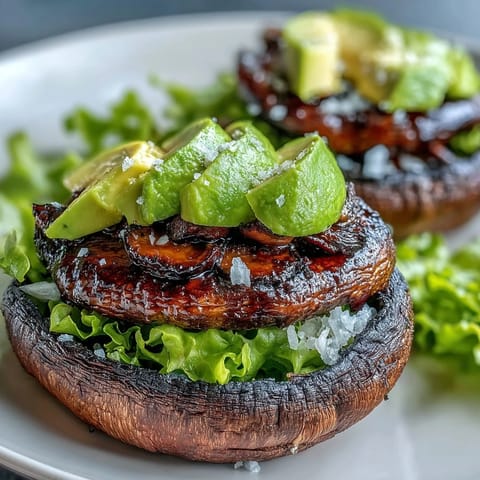 Hearty grilled portobello mushroom burgers with creamy avo and vibrant toppings.