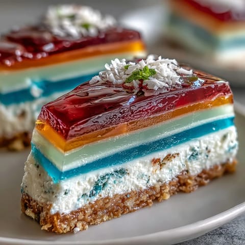 Vibrant agar-agar rainbow jelly cake with creamy coconut, a stunning vegan dessert.