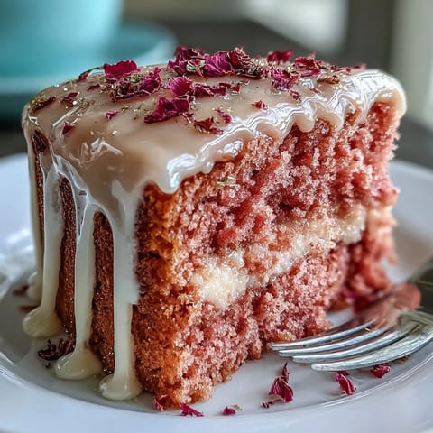Elegant Bridal Shower Rosé Velvet Cake with shimmering gold syrup drizzled.