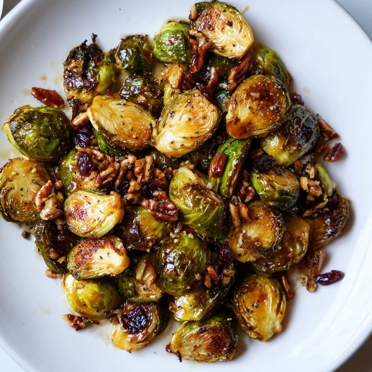 Close-up of crisp Maple Glazed Roasted Brussels Sprouts showing caramelized edges and pecans.