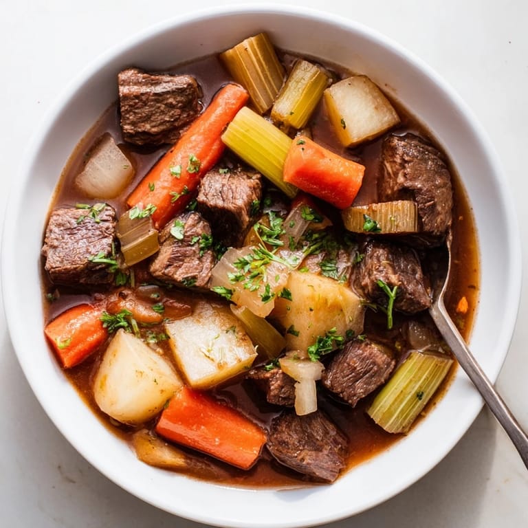 Tender beef stew featuring colorful root vegetables, perfect for cozy dinners.  