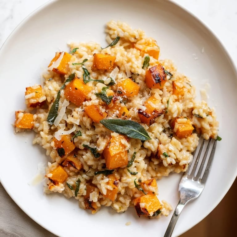 Delicious roasted butternut squash and sage risotto, perfect for a cozy fall dinner.