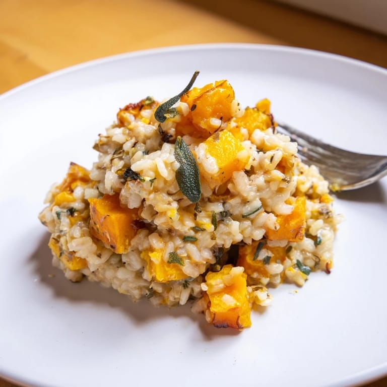 Warm and comforting roasted butternut squash and sage risotto garnished with fresh herbs.  