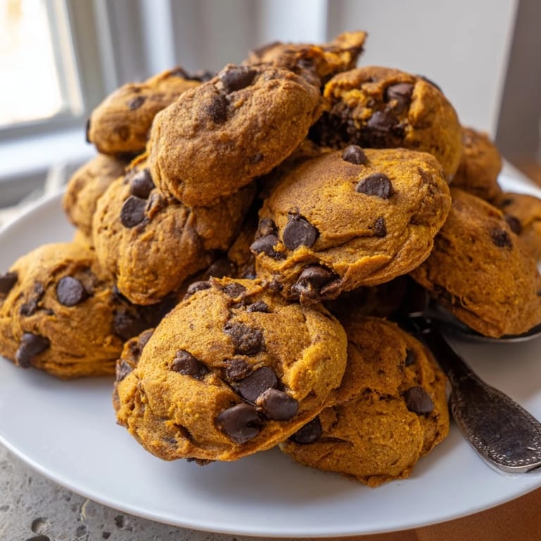 Golden, chewy Pumpkin Chocolate Chip Cookies stacked high, perfect for cozy autumn treats.  