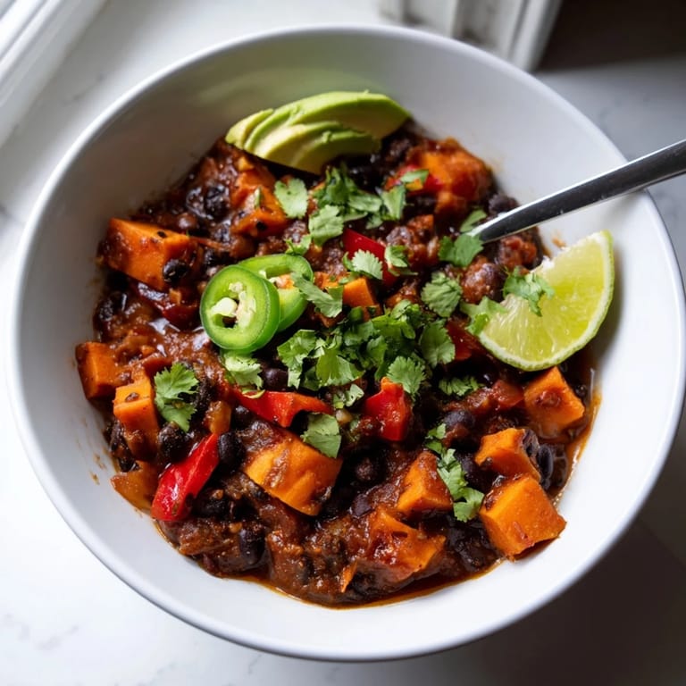 Colorful veggies and hearty beans create a vibrant Spicy Black Bean and Sweet Potato Chili.  