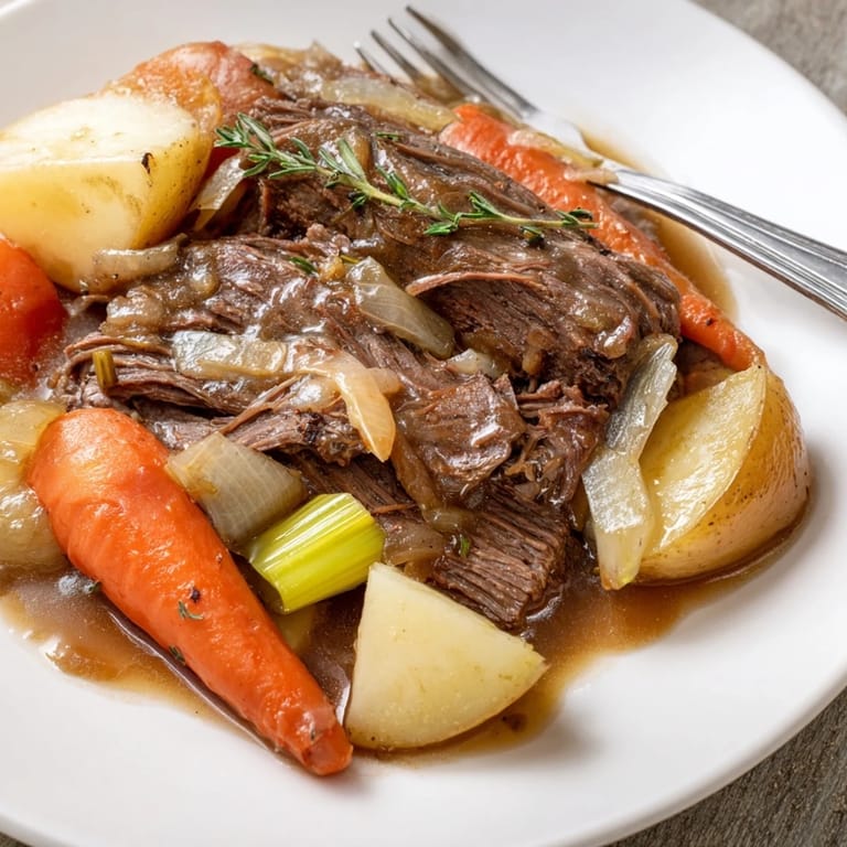 Tender beef pot roast served with hearty potatoes and aromatic herbs on a platter.  