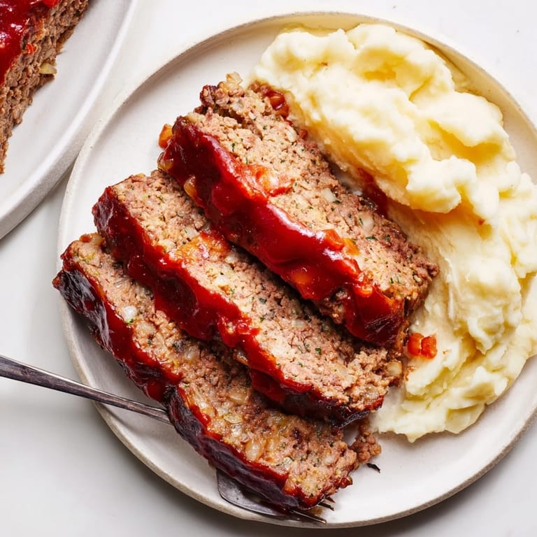 Classic meatloaf and rich mashed potatoes, a delightful American comfort food dish.