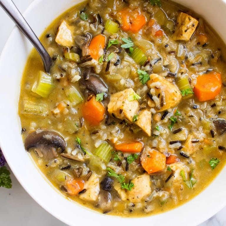 Flavorful Chunky Chicken and Wild Rice Soup topped with vibrant parsley for extra freshness.  