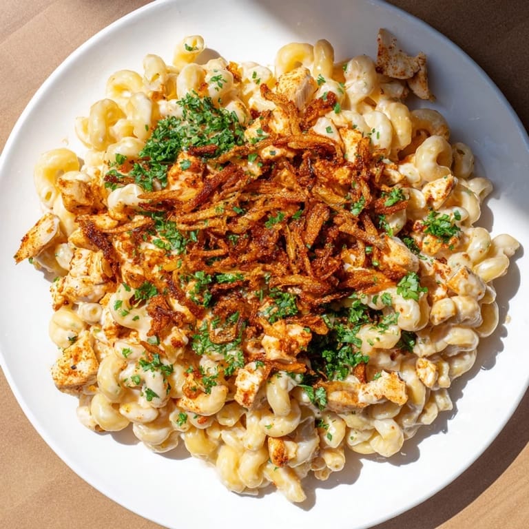 A close-up of creamy One-Pot Honey BBQ Chicken Mac and Cheese, garnished with fresh parsley.