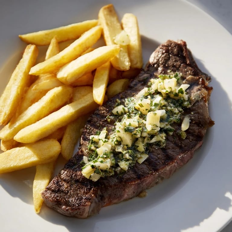 Perfectly seared steakhouse garlic butter steak & fries glistening, topped with herb butter, and golden, crunchy fries.
