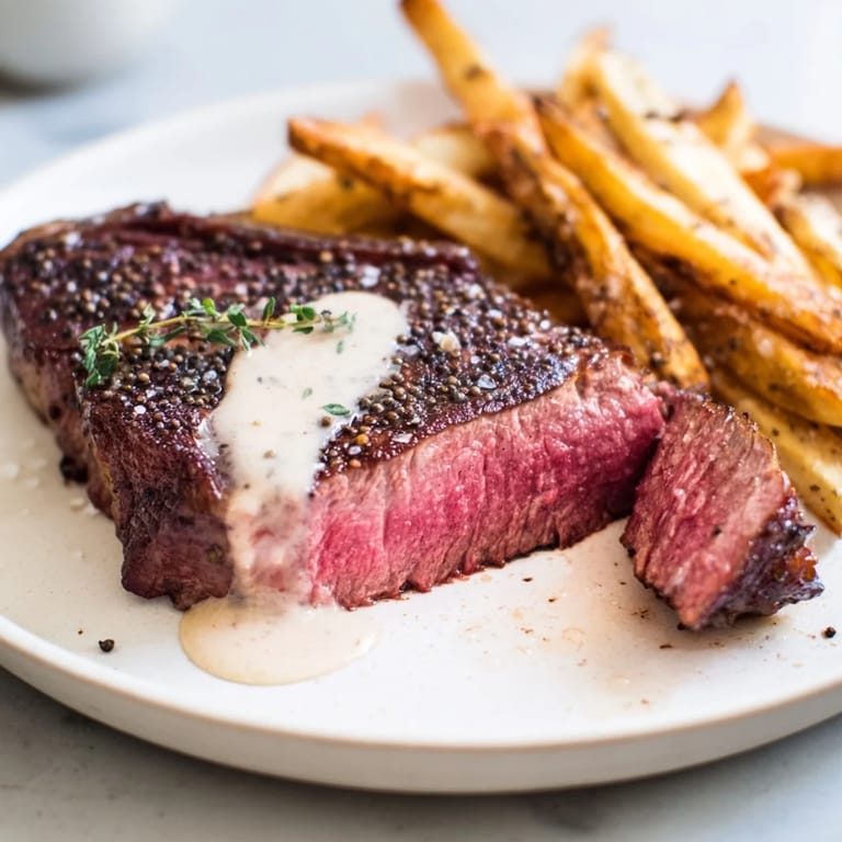 A close-up shot of the Classic Peppercorn Ribeye shows a juicy steak next to fresh, golden fries.