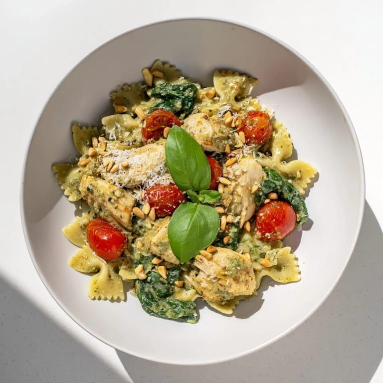 Delicious Pesto Chicken Bowtie Pasta served with fresh basil and Parmesan cheese, ready to eat.