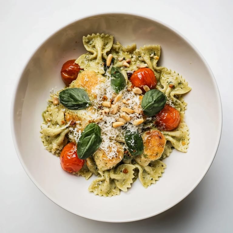 Tender chicken and bowties bathed in pesto, creating a flavorful Pesto Chicken Bowtie Pasta dinner.