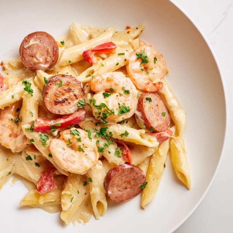 This photo features a steaming skillet of Cajun Sausage & Shrimp Alfredo, garnished with fresh parsley for serving.