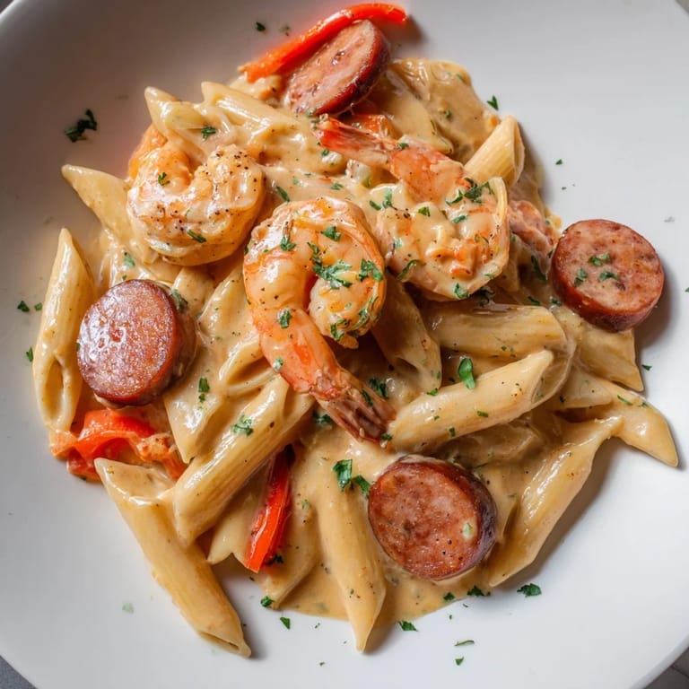See the rich, cheesy sauce coating the penne in this flavorful Cajun Sausage & Shrimp Alfredo recipe.