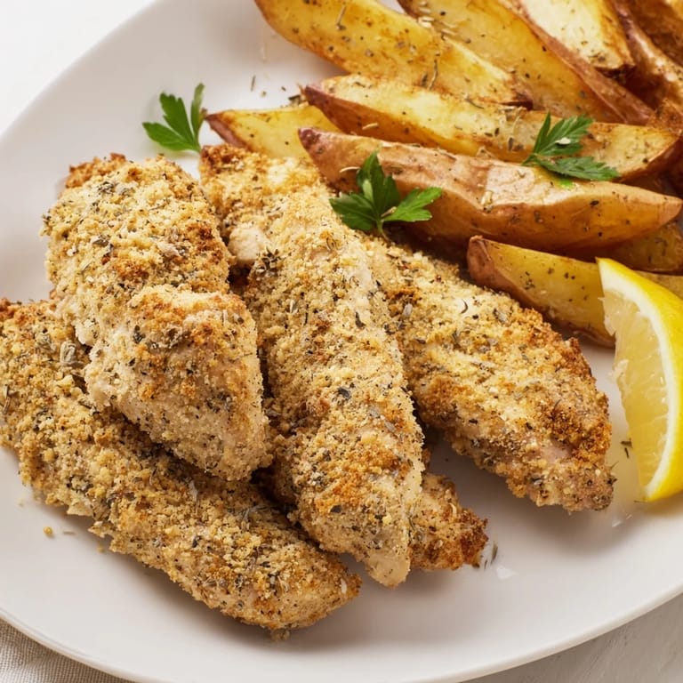Close-up of baked herbed chicken tenders with potato wedges, a delicious gluten-free meal.