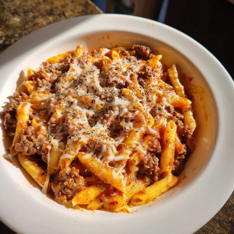 A close-up of a steaming Cheesy Beef & Penne Bake, showcasing the melted cheese and tender pasta.