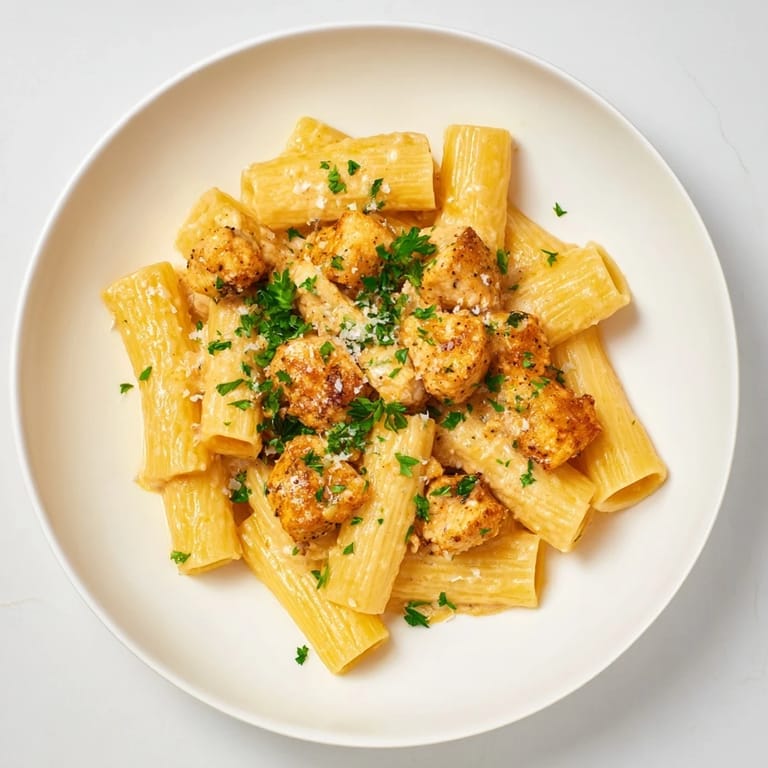 This beautiful plate displays rich, creamy Creamy Garlic Parmesan Chicken Rigatoni – perfect for dinner!