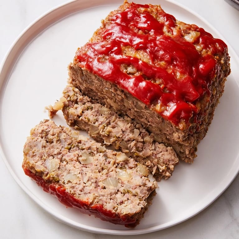 A close-up shot of the delicious Stove Top Stuffing Meatloaf, perfectly baked and glistening on top.