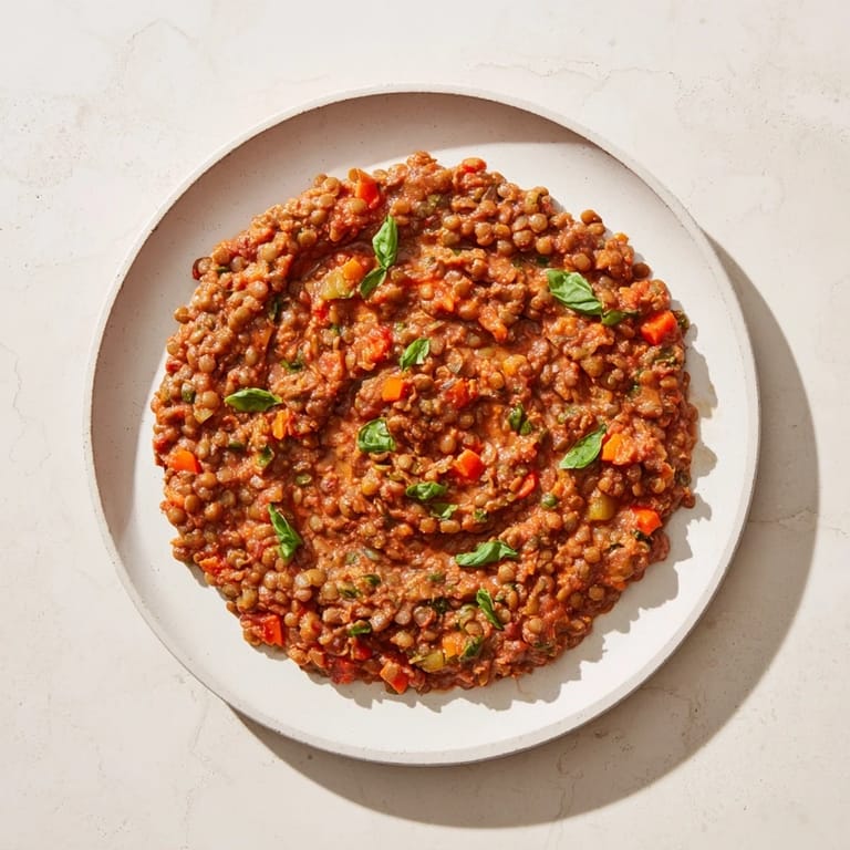 Savory Creamy Tomato Basil Lentil Bolognese, a vegan delight, garnished with fresh basil and plant-based cream.