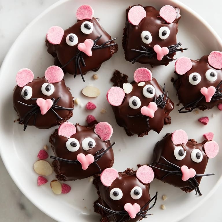 Close-up of adorable Silly Rat Cake Brownie Bites, showing the whimsical chocolate rat details and textures.