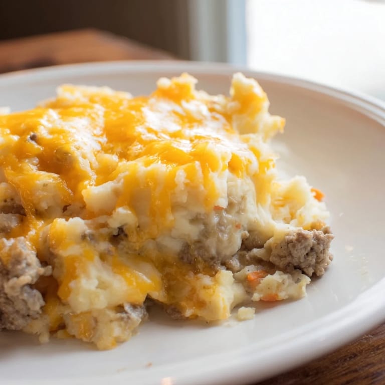 This Budget Shepherd's Pie shows a savory meat and veggie filling nestled under cheesy, fluffy mashed potatoes.