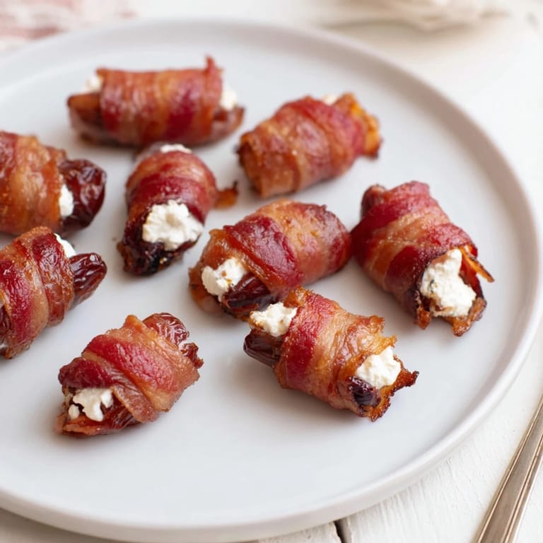 Golden bacon wraps create a savory counterpoint to the sweet goat cheese and delicious dates.