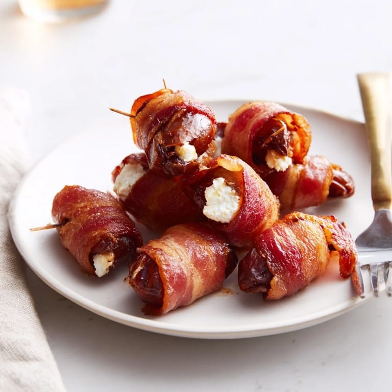 Mediterranean appetizer: Close-up of bacon-wrapped dates with melting goat cheese, ready to enjoy.