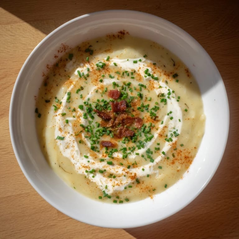 A close-up view of creamy The Ultimate Baked Potato Soup, boasting melting cheese and savory aromas beckoning you.