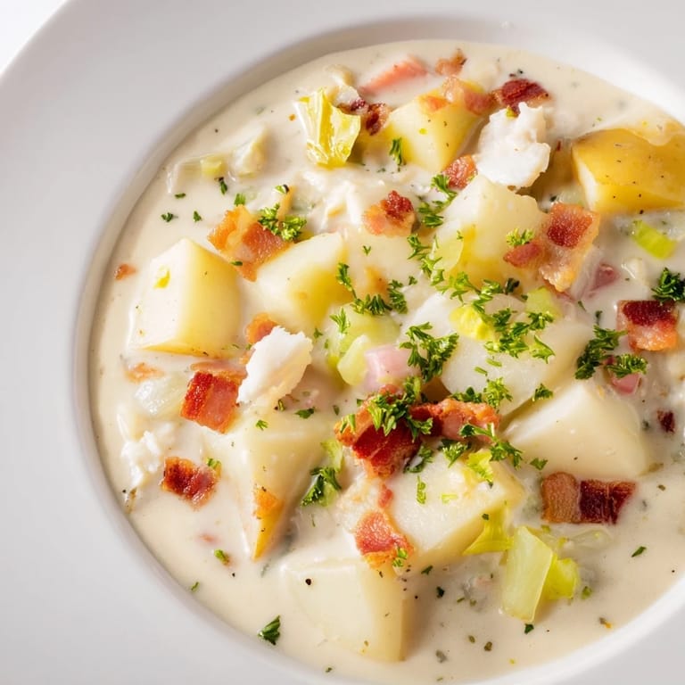 Rich and hearty, this homemade New England Clam Chowder is served with oyster crackers for dipping.