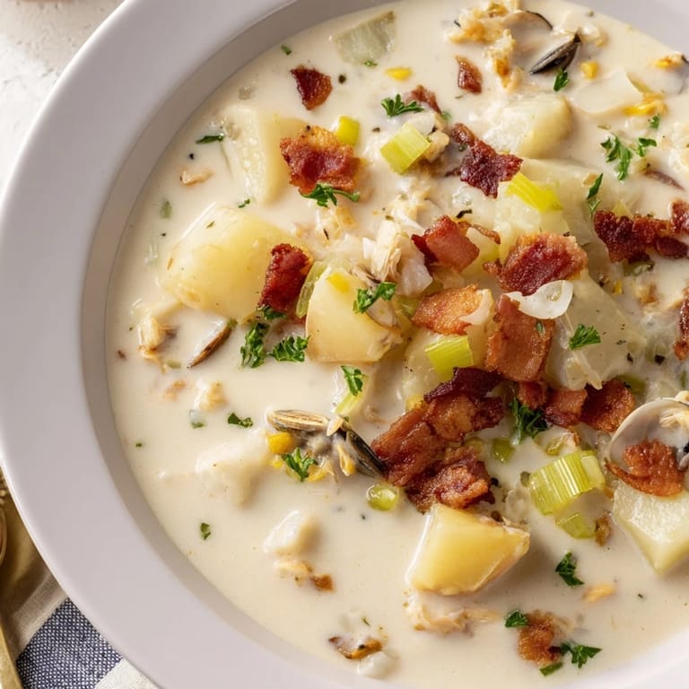 This warm and comforting New England Clam Chowder features bacon bits and fresh parsley garnish.
