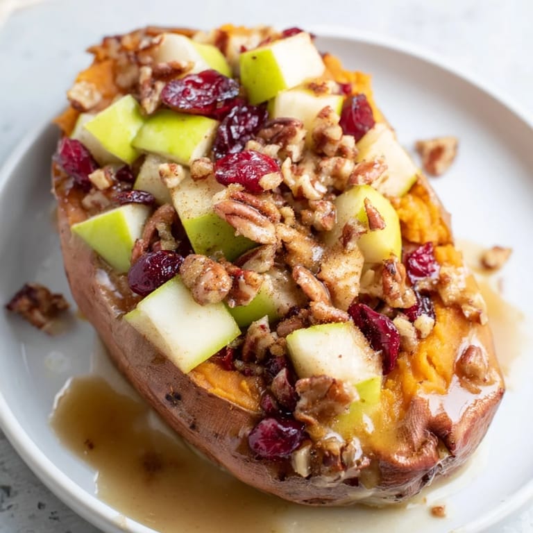 A close-up of vibrant Cranberry Apple Twice-Baked Sweet Potatoes, bursting with sweet and spiced flavors.
