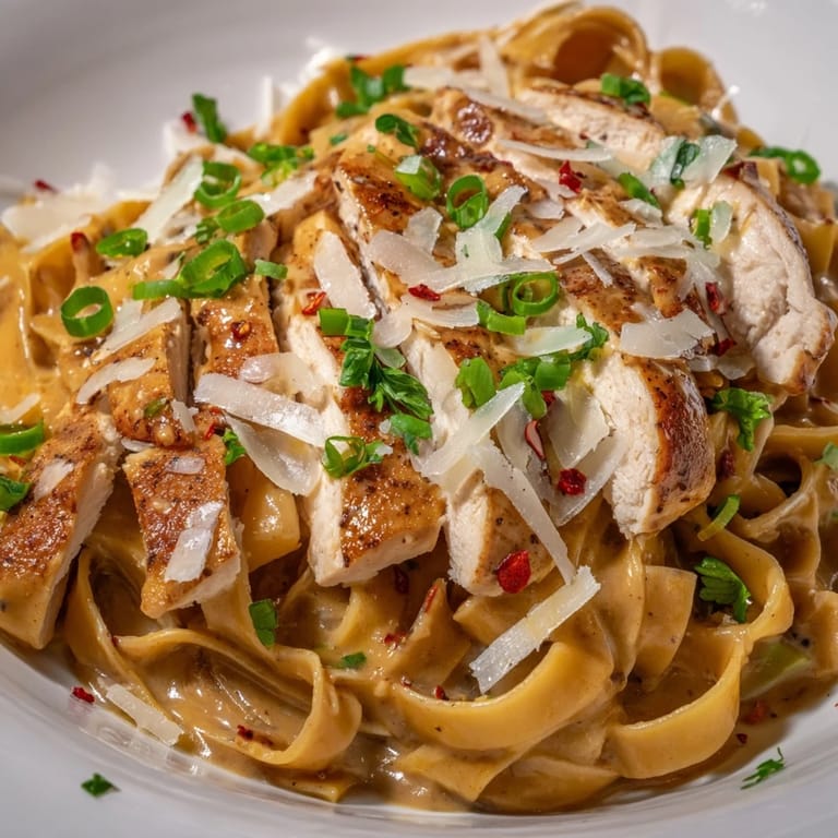 A vibrant close-up of Southern Style Creamy Parmesan Chicken Pasta, a comforting and flavorful dish.