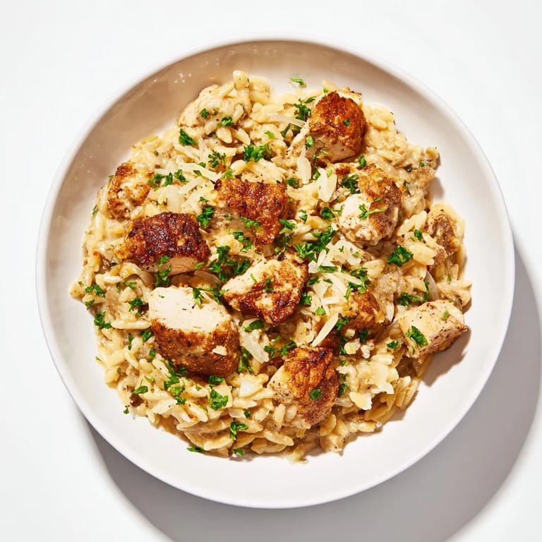 A vibrant photo showcases the rich flavors of this delicious Cajun Chicken Alfredo Orzo dinner.