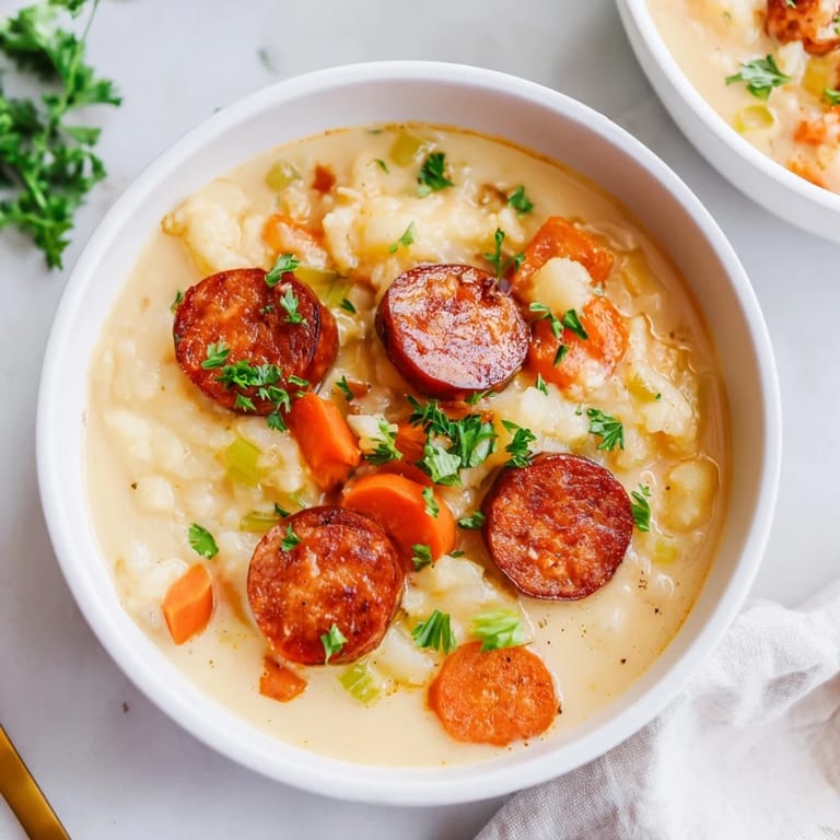 Enjoy this warm, comforting bowl of Creamy Chorizo Potato Soup, offering savory chorizo and creamy texture.