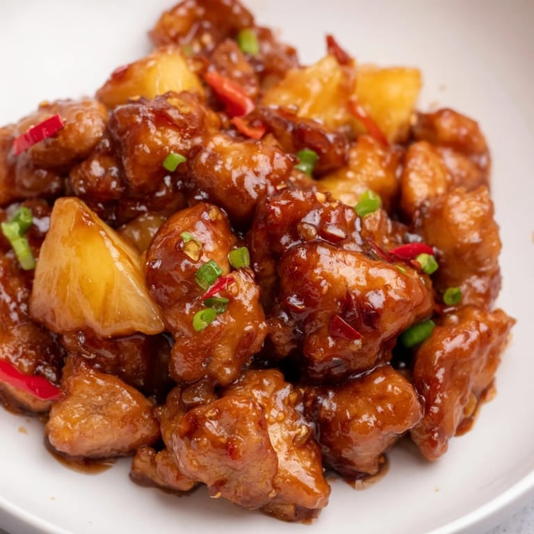 Golden Brown Sugar Pineapple Chicken, ready to serve, is piled high with juicy pineapple chunks.