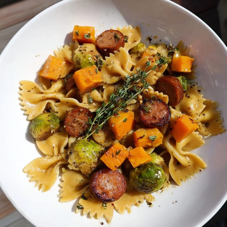 A complete autumn sausage pasta squash meal featuring pasta, roasted vegetables, and smoky sausage in a skillet.