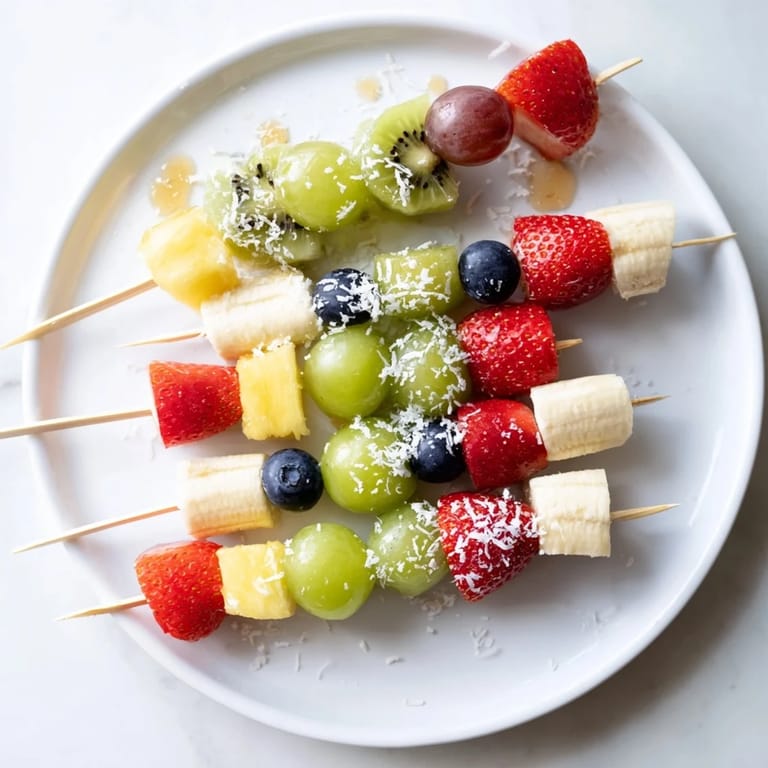 Sweet and juicy festive fruit kabobs ready to eat, featuring strawberries, grapes, and pineapple chunks.