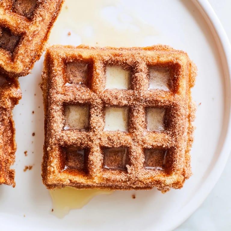 Crispy and sweet, these Express Cinnamon Sugar Churro Waffles look delicious with a dusting of cinnamon sugar.