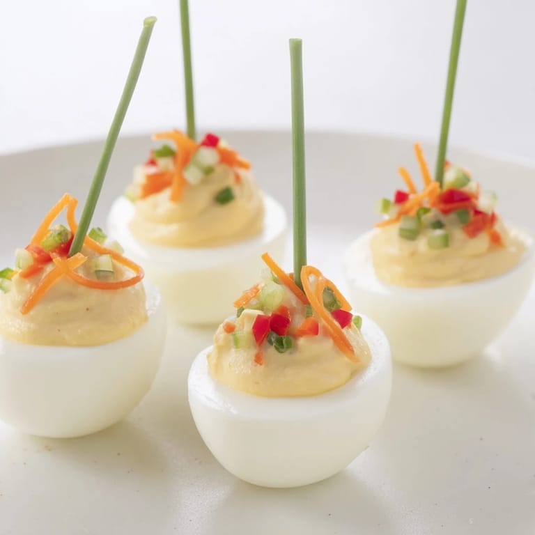 Perfectly shaped festive deviled egg ornaments, visually stunning with red and green pepper decorations.
