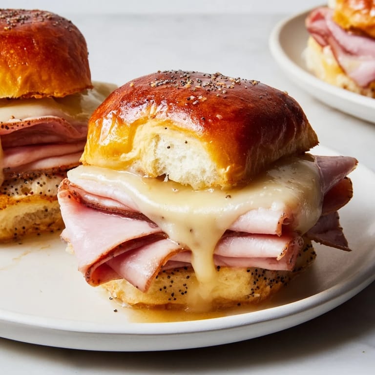Warm, savory Budget-Friendly Ham & Cheese Sliders with melted cheese layers, a comforting, classic American snack.