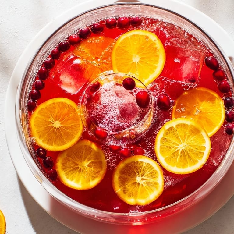 Bright red and bubbly Quick Holiday Punch with Ice Ring, perfect for a special holiday celebration.