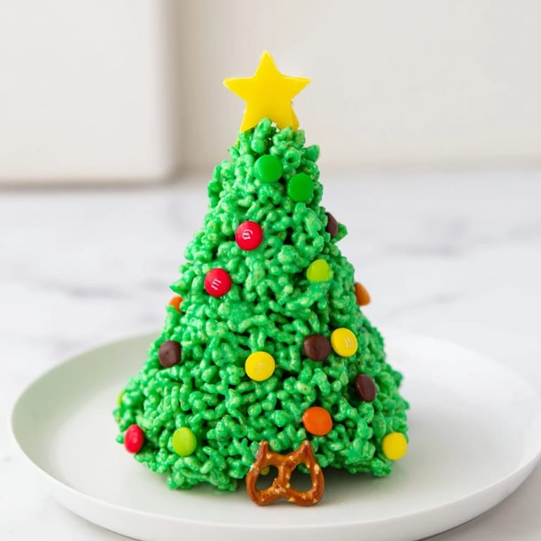Perfectly shaped Christmas Tree Rice Crispy Treats, arranged on parchment; a delightful holiday dessert!