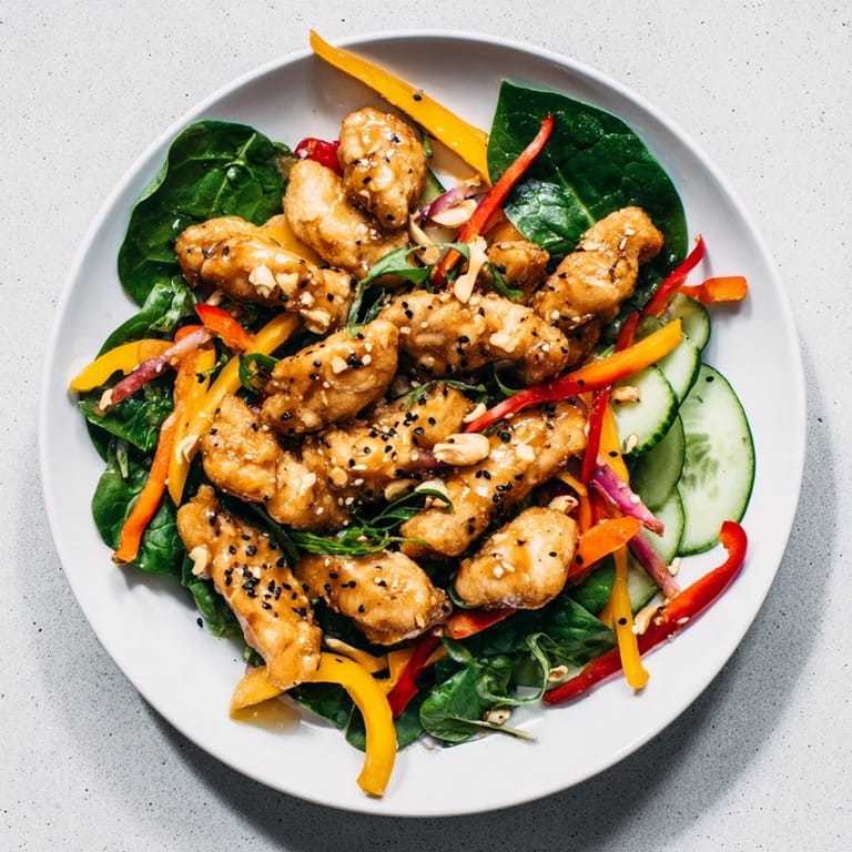 A flavorful high-protein chicken stir-fry salad bowl with the aroma of sesame and ginger, ready to eat.