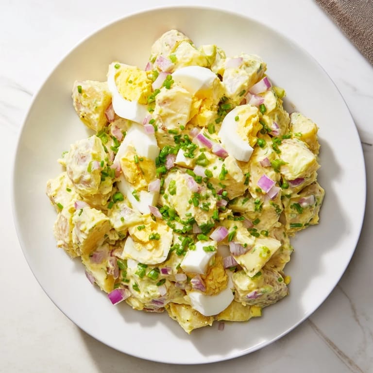 Brightly colored chopped egg and potato salad, flavorful and creamy, ideal for a backyard barbecue or picnic lunch.