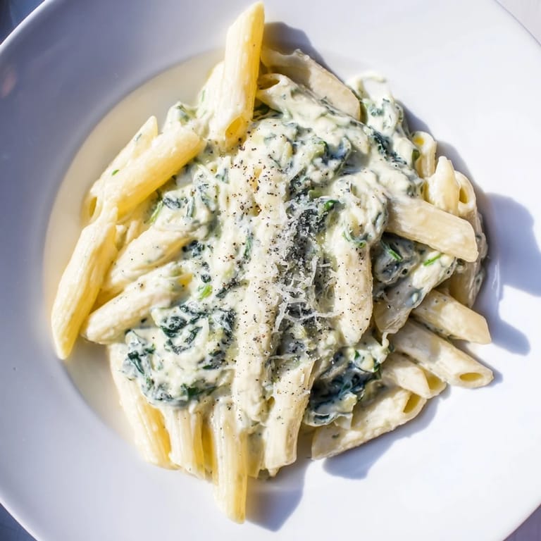 Tender pasta coated in vibrant, flavorful Cottage Cheese Creamy Spinach sauce, perfect for a vegetarian meal.